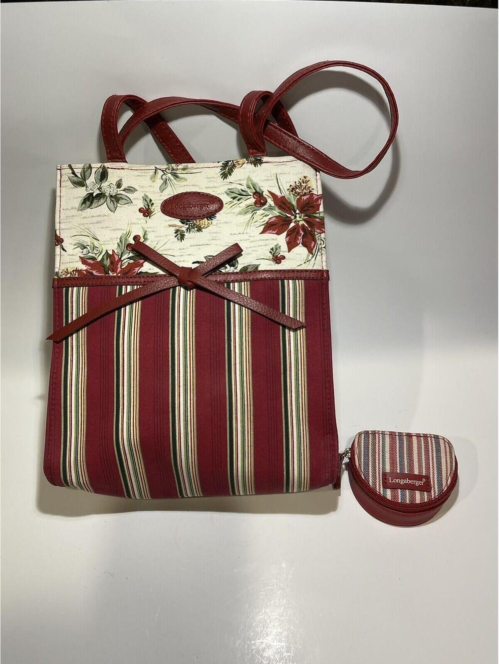 Longaberger Basket Holiday Stripe Botanical Fabric Bag with Coin Purse